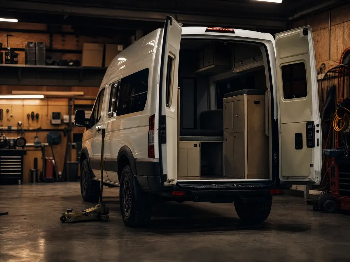 Kastenwagen-Wohnmobil mit geöffneten Hecktüren in der Werkstatthalle